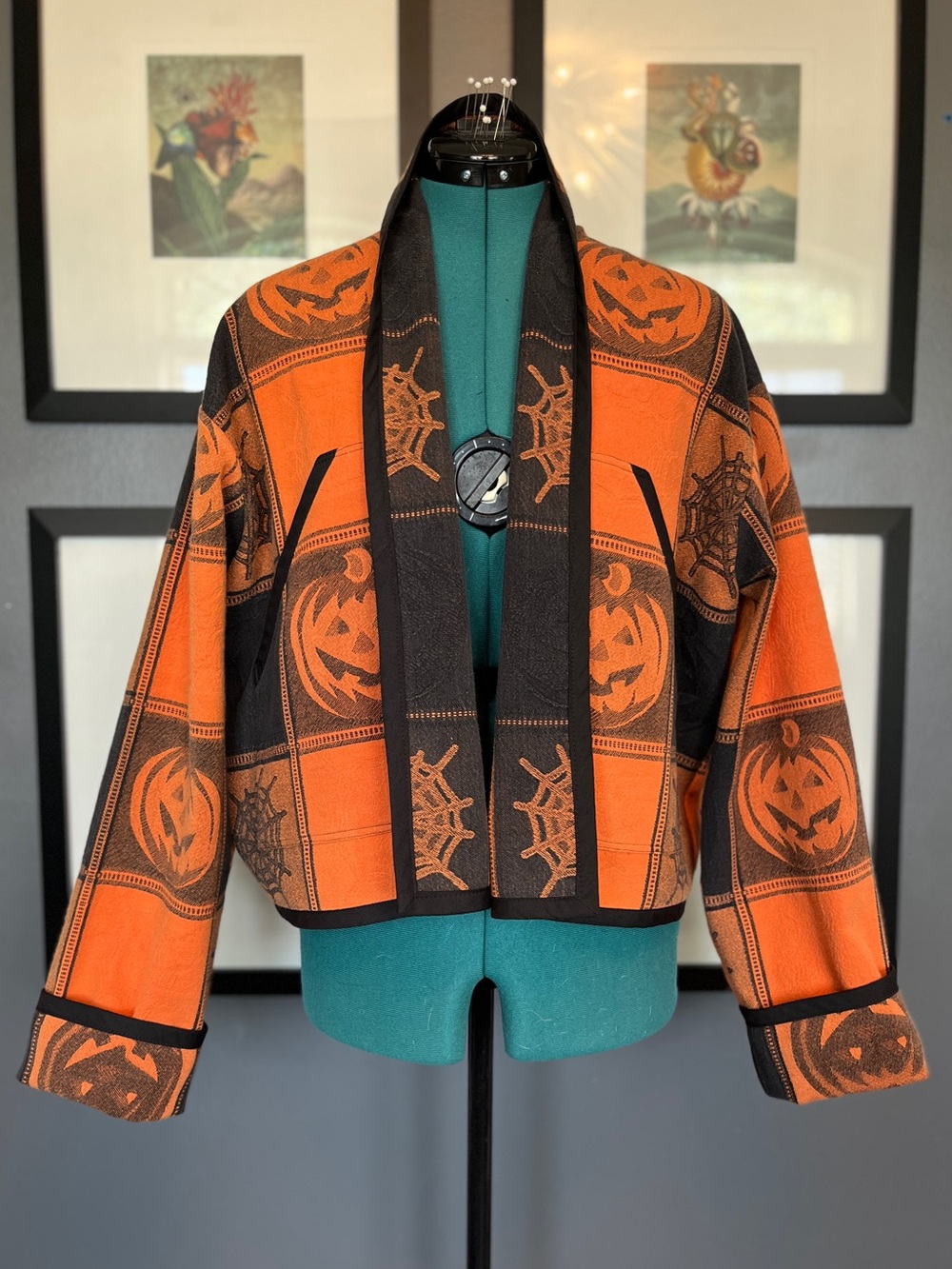 Halloween cardigan, upcycled preloved tablecloth, ladies’ size M L